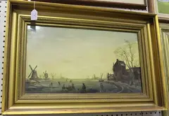 Jan Mienstaat, Dutch Winter Scene with Ice Skaters on a Frozen Canal, oil on panel