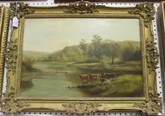 J. Marshall, Landscape with Cattle on the Bank of a River, oil on canvas