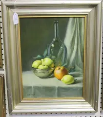 Charles J. Pugh, Still Life with Lemons, Orange and Bottle, oil on board