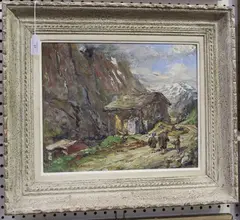E. Vegelli, Alpine Landscape with Hut and Figures, oil on board