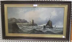 G.H. Stanley, Sailing Vessel in Rough Seas near a Rocky Coast, oil on canvas