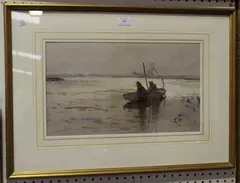 Frank Southgate, Fishermen in a Boat on an Estuary, watercolour