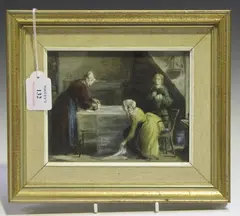J.E. Scott, Interior Scene with Ladies Ironing, watercolour