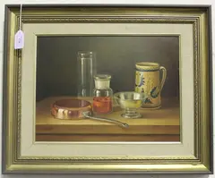 András Gombár, Still Life of Glass Jars, Copper Pan and Ceramic Jug on a Table, oil on board