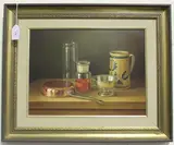 András Gombár, Still Life of Glass Jars, Copper Pan and Ceramic Jug on a Table, oil on board