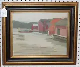 K. Knapp, River Scene with Boat and Buildings, oil on board