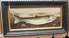 Fish in a Landscape with Viaduct by J. Wood, oil on board with collage, sold Aug 2018