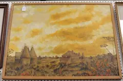 J. Gilkson, Landscape with Oast Houses at Sunset, 1975, oil on canvas