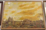 J. Gilkson, Landscape with Oast Houses at Sunset, 1975, oil on canvas