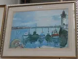 Faith Sheppard, Harbour Scene with Fishing Boats and Lighthouse, watercolour with gouache