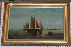 A. Bergnier, Maritime Scene with Sailing Vessels and Rowing Boats, oil on canvas