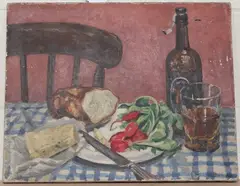 Hazel Bruce Dunlop, Still Life with Radishes, Bread and Ale, oil on canvas
