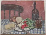 Hazel Bruce Dunlop, Still Life with Radishes, Bread and Ale, oil on canvas
