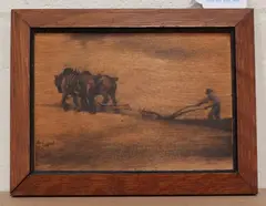 Cecil Aldin, Plough Team, print on oak panel