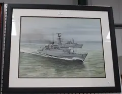 P.D. Hodkin, HMS Amazon and HMS Antelope, 1982, watercolour with gouache