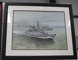 P.D. Hodkin, HMS Amazon and HMS Antelope, 1982, watercolour with gouache