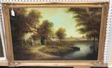 Brian Coole, Landscape with Thatched Cottage on the Bank of a River, Haymaking beyond, oil on canvas