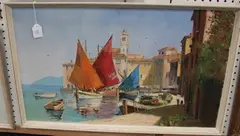 P. Marcello, Mediterranean Coastal Scene, oil on canvas