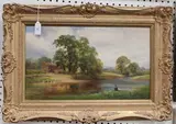 David Payne, River Landscape with Fisherman, oil on canvas