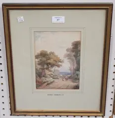 Thomas Creswick, Landscape with Figures on a Country Lane, watercolour