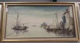 Continental Coastal Scene with Fishing Boats by Jorge Aguilar-Agon, oil on canvas, sold Jul 2018