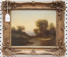 Peter Negyesi, Landscape with River and Figures, oil on panel