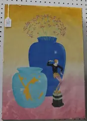Terry Beard, Still Life with Vases and Art Deco Figure, watercolour with gouache