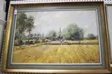 Matt Bruce, Landscape with a Ploughman and Distant Church, oil on board