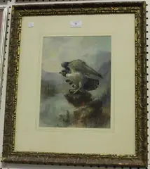 William E Powell, Eagle on a Rocky Outcrop above a River, watercolour