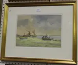 Hagop K. Kasparian, Barges & Boats at Low Tide, oil on canvas-board