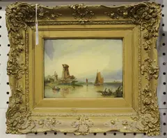 R. Pembery, Estuary Scene with Windmills and Boats, oil on board