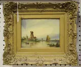 R. Pembery, Estuary Scene with Windmills and Boats, oil on board