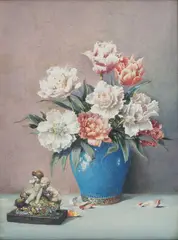 Noel Leaver, Still Life Study of Peonies in a Vase beside a Figurine, watercolour