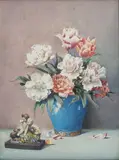 Noel Leaver, Still Life Study of Peonies in a Vase beside a Figurine, watercolour