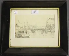Elliot Seabrooke, Canal Scene with Barge and Bridge, pencil drawing