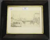 Elliot Seabrooke, Canal Scene with Barge and Bridge, pencil drawing