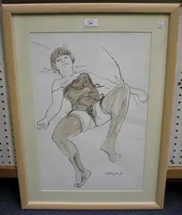 Trevor Willoughby, Semi-nude Female reclining on a Bed, watercolour and pencil