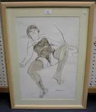 Trevor Willoughby, Semi-nude Female reclining on a Bed, watercolour and pencil