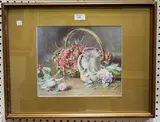 Jabez Bligh, Still Life of Strawberries in a Basket beside a Jug of Cream, watercolour with gouache