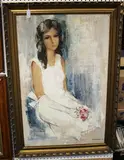 Laurent Moonens, Three-quarter Length Portrait of a Young Lady holding a Bouquet, oil on canvas