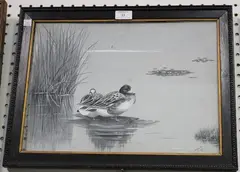 Hugh Wormald, Ducks on a Pond, 1911, monochrome gouache