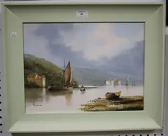 Ken Hammond, River Scene with Boats, oil on canvas