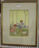 Dorothy Fitchew, Boy, Girl and Baby in a Woodland picking Bluebells, watercolour with gouache