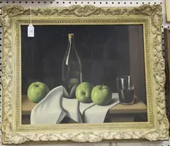 Christopher Cawthorne, Still Life of Apples, Wine Bottle and Glass, oil on canvas