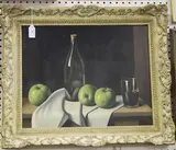 Christopher Cawthorne, Still Life of Apples, Wine Bottle and Glass, oil on canvas