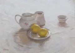 Violet Barclay, Still Life with Jug and Lemons, oil on board