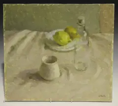 Violet Barclay, Still Life with Bottle and Lemons, oil on board