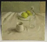 Violet Barclay, Still Life with Bottle and Lemons, oil on board