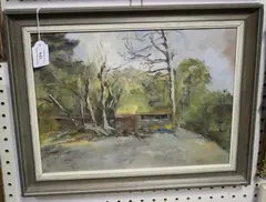 Phyllis 'Phil' Wells, Buildings in a Forest Clearing, oil on canvas