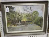 Phyllis 'Phil' Wells, Buildings in a Forest Clearing, oil on canvas